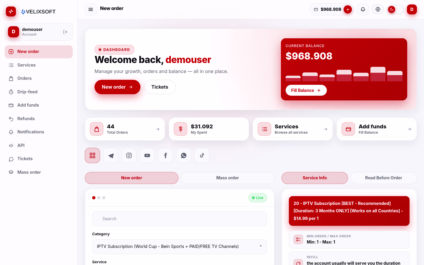 Velix Perfect Panel Theme, Ember edition, dashboard on desktop in light mode
